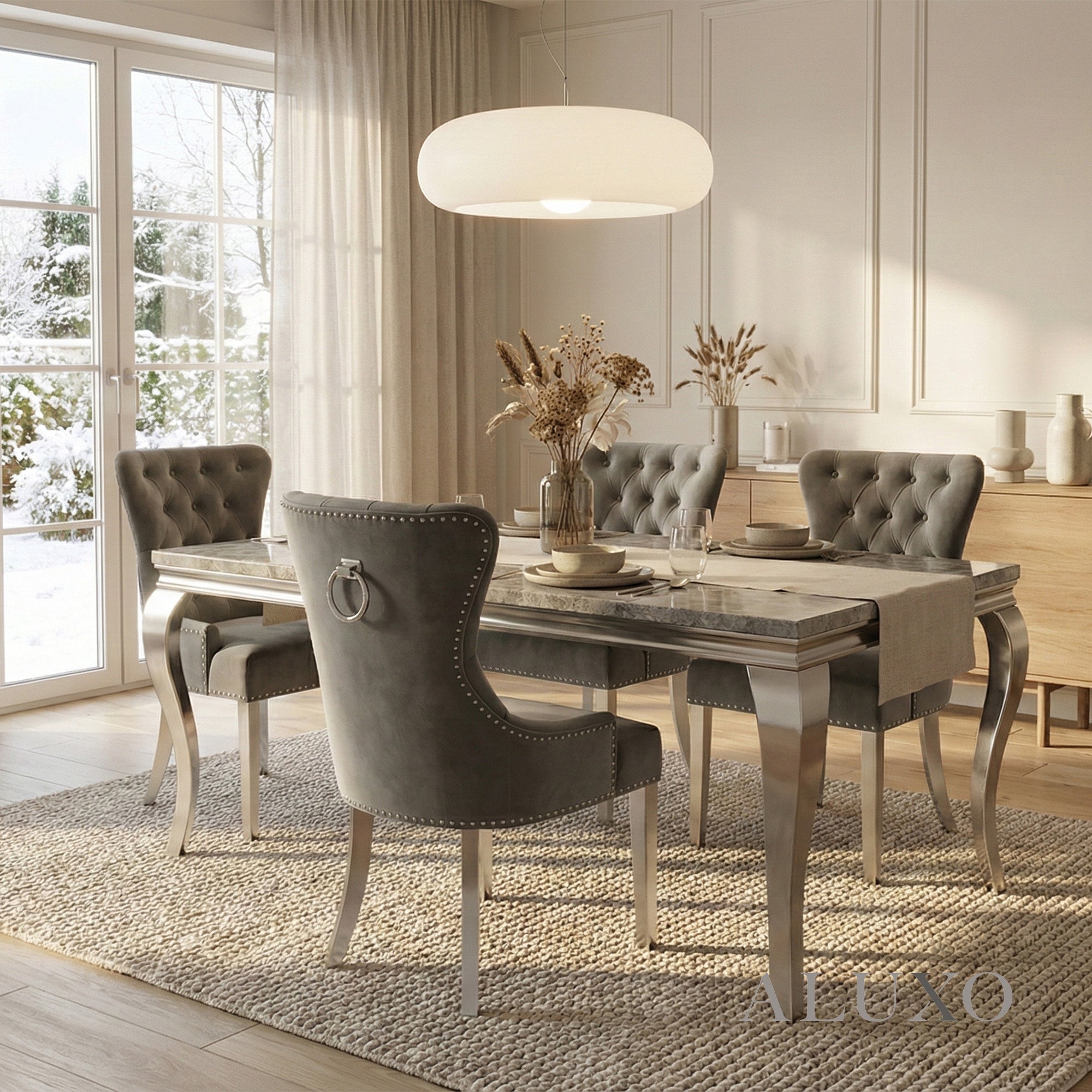 Photo inspiration: Picture Idea: Lorens 1 8M Light Grey Marble Chrome Dining Set Table