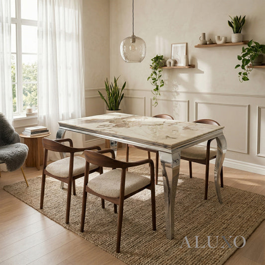 Lorens 1.8m Cream Marble Dining Set – Chrome Table with 4/6 Tess Walnut Bouclé Chairs
