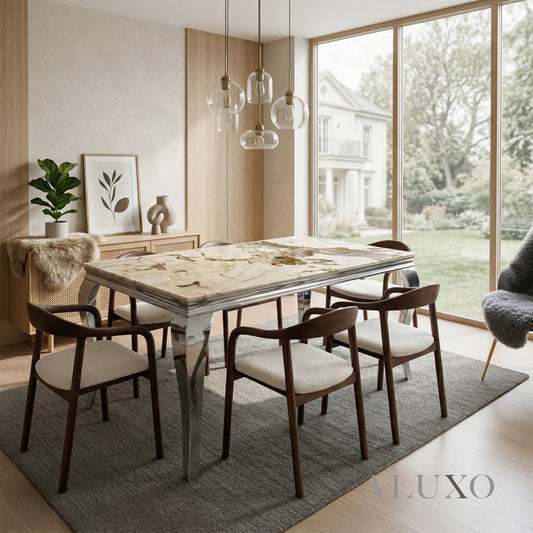 Lorens 1.8m Cream Marble Dining Set – Chrome Table with 4/6 Tess Walnut Bouclé Chairs