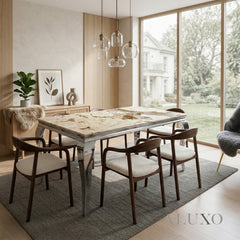Lorens 1.8m Cream Marble Dining Set – Chrome Table with 4/6 Tess Walnut Bouclé Chairs