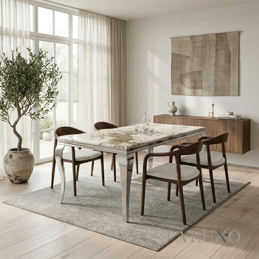 Lorens 2.0m Cream Marble Dining Set – Chrome Table with 4/6 Tess Walnut Bouclé Chairs