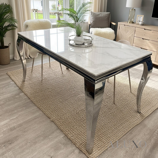 Lorens 150cm Marble Dining Table with Chrome 4-Leg Base – White, Grey, Cream