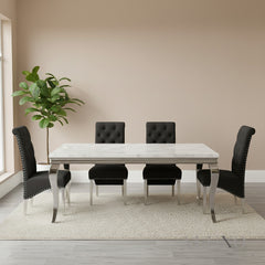 Lorens 1.8m White Marble Dining Table with 4/6/8 Black Einar Velvet Chairs