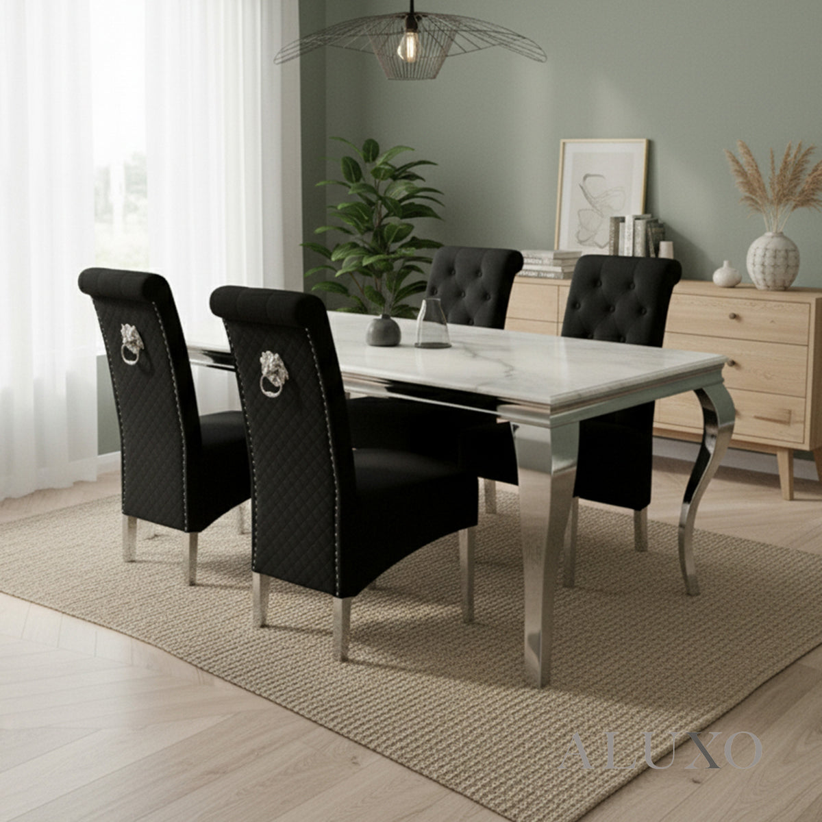Lorens 1.8m White Marble Dining Table with 4/6/8 Einar Black Velvet Chairs