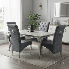 Lorens 1.8m White Marble Chrome Dining Set – Table with 4/6/8 Einar Dark Grey Velvet Chairs