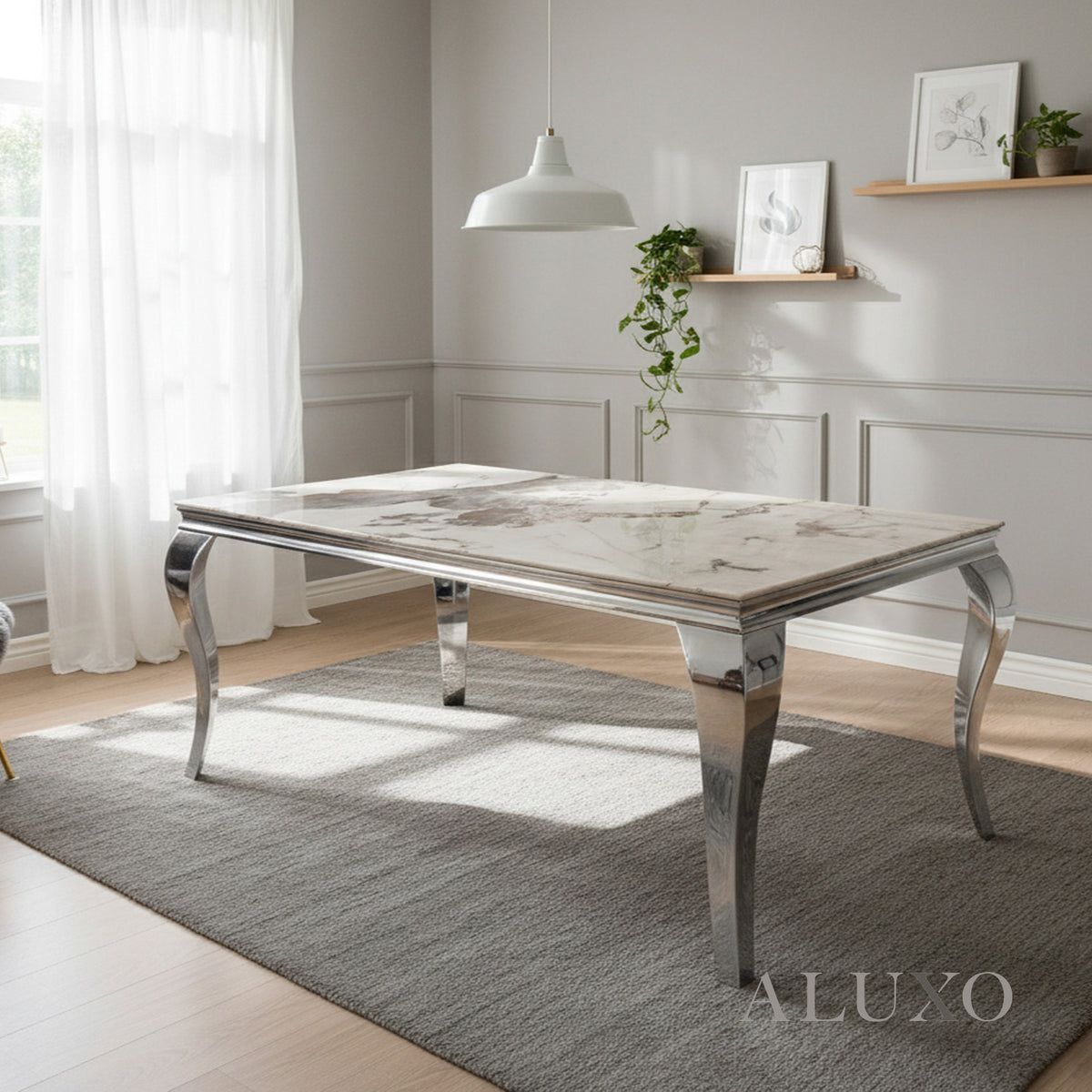 Lorens 200cm Marble Dining Table with Chrome 4-Leg Base – Cream | White