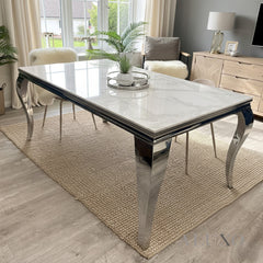 Lorens 200cm Marble Dining Table with Chrome 4-Leg Base – Cream | White