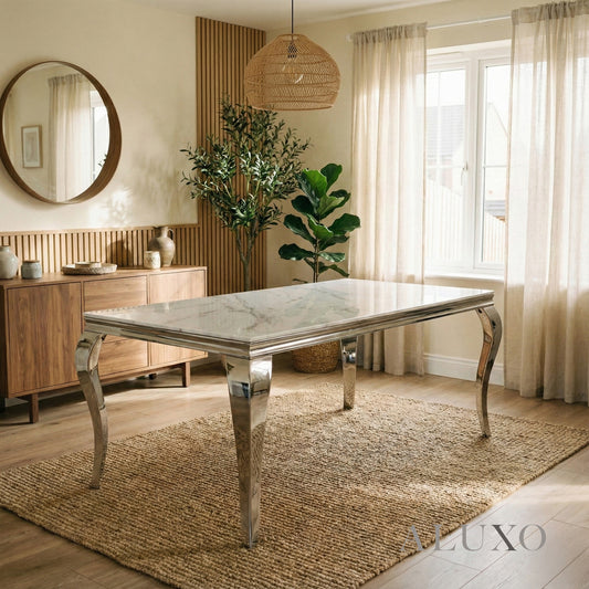 Lorens 200cm Marble Dining Table with Chrome 4-Leg Base – Cream | White