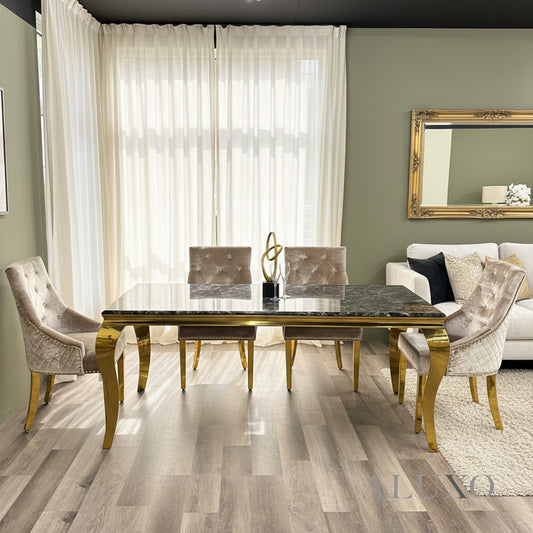Lorens Gold 1.8m Dining Set – Black Marble Table with 4/6/8 Henrik Beige Velvet Chairs