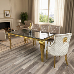 Lorens Gold 1.8m Dining Set – Black Marble Table with 4/6/8 Henrik Beige Velvet Chairs