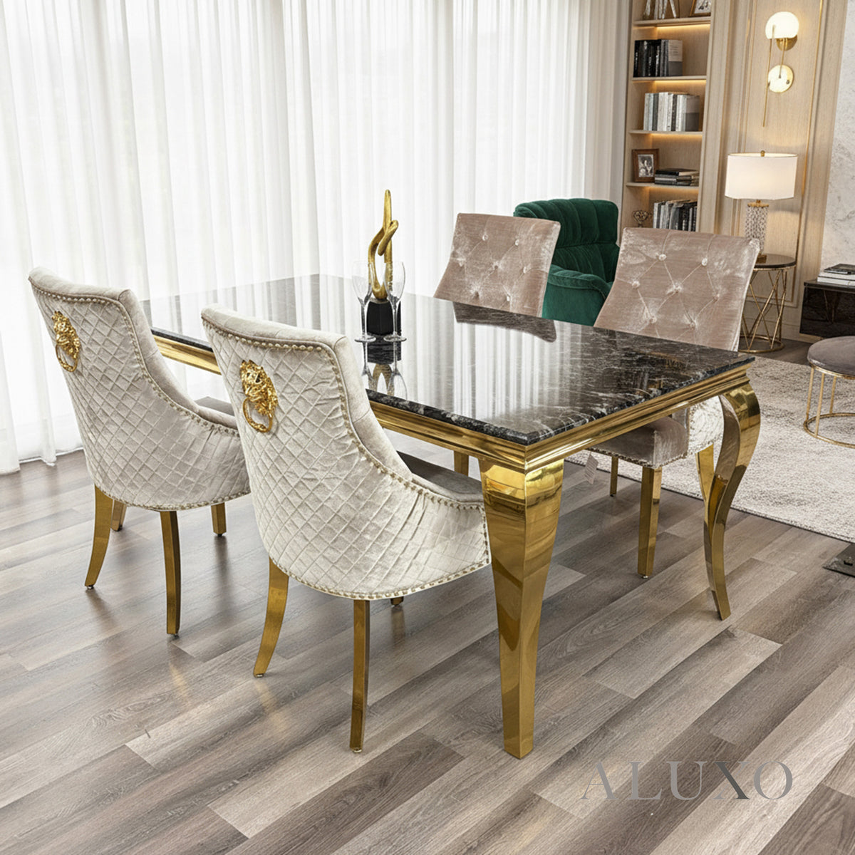 Lorens Gold 1.8m Dining Set – Black Marble Table with 4/6/8 Henrik Beige Velvet Chairs