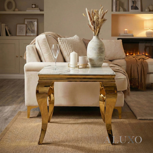 Lorens Gold Lamp Table 60x60cm – Marble or White Sintered Stone Top