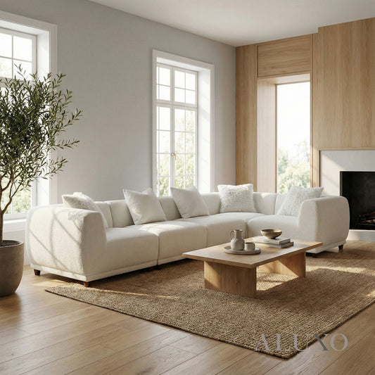 ALUXO® Lottie 5-Piece Modular Corner Sofa – Polar Bouclé | Customisable Layout