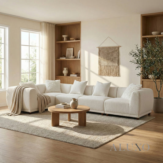 ALUXO® Lottie 5-Piece Modular Corner Sofa – Polar Bouclé | Customisable Layout