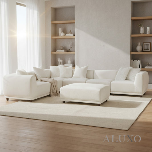 ALUXO® Lottie Modular Corner Sofa with Footstool – Polar White Bouclé