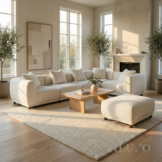 ALUXO® Lottie Modular Corner Sofa Set with Footstool – Polar White Bouclé
