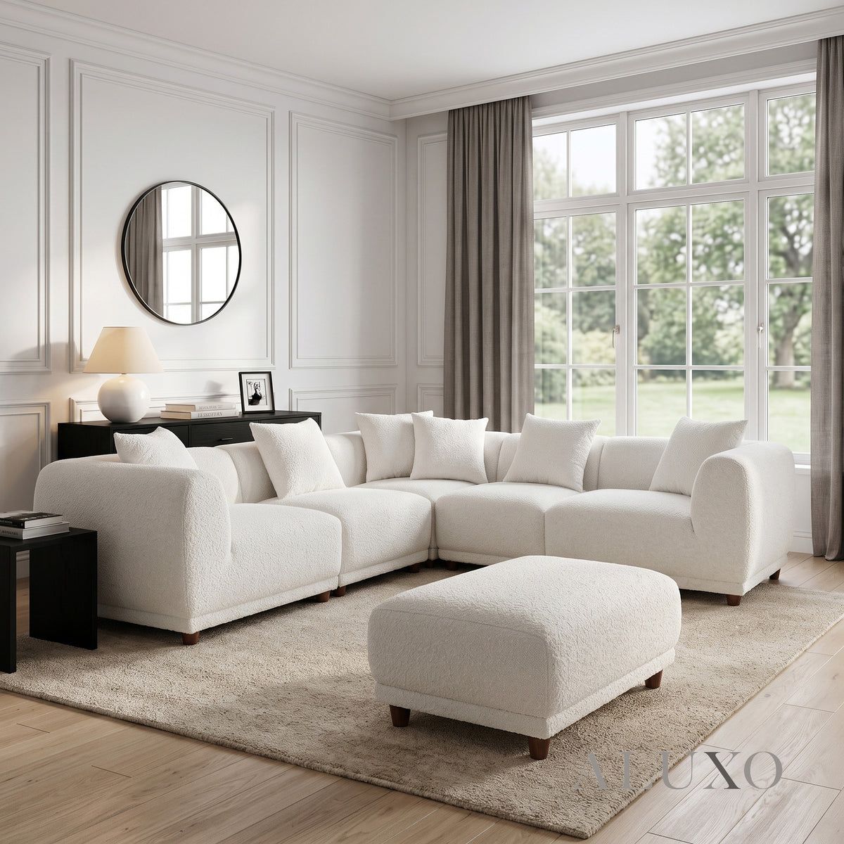 ALUXO® Lottie Modular Corner Sofa Set with Footstool – Polar White Bouclé
