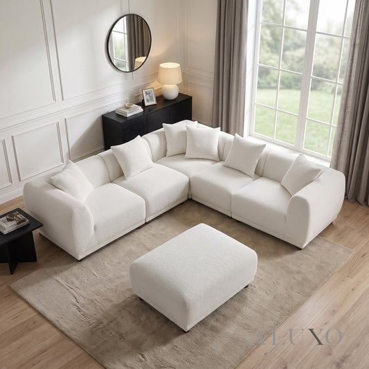 ALUXO® Lottie Modular Corner Sofa Set with Footstool – Polar White Bouclé