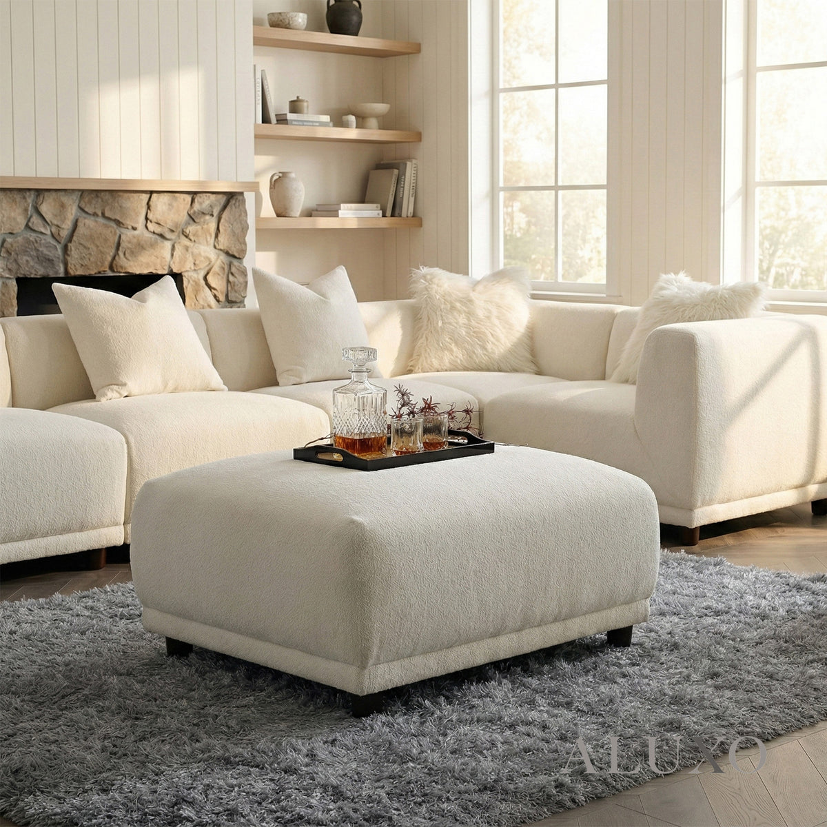 ALUXO® Lottie Modular Footstool – Polar Bouclé | Upholstered Ottoman