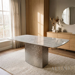 Lucca 1.6m Slimline White Marble Dining Table with 4/6 Gunnar Light Grey Velvet Chairs
