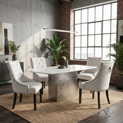 Lucca 1.6m Slimline White Marble Dining Table with 4/6 Gunnar Light Grey Velvet Chairs