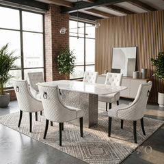 Lucca 1.6m Slimline White Marble Dining Table with 4/6 Gunnar Light Grey Velvet Chairs