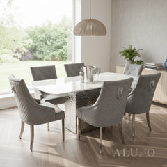 Lucca 1.8m Slimline White Marble Dining Table with 4/6/8 Bentley Grey Velvet Chairs