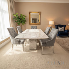 Lucca 1.8m Slimline White Marble Dining Table with 4/6/8 Bentley Grey Velvet Chairs