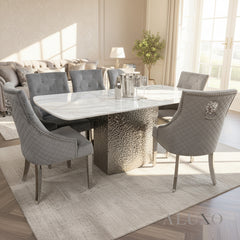 Lucca 1.8m Slimline White Marble Dining Table with 4/6/8 Bentley Grey Velvet Chairs