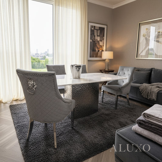 Lucca 1.8m Slimline White Marble Dining Table with 4/6/8 Bentley Grey Velvet Chairs