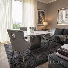 Lucca 1.8m Slimline White Marble Dining Table with 4/6/8 Bentley Grey Velvet Chairs