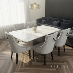 Lucca 1.8m Slimline White Marble Dining Table with 4/6/8 Gunnar Light Grey Velvet Chairs