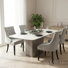 Lucca 1.8m Slimline White Marble Dining Table with 4/6/8 Gunnar Light Grey Velvet Chairs