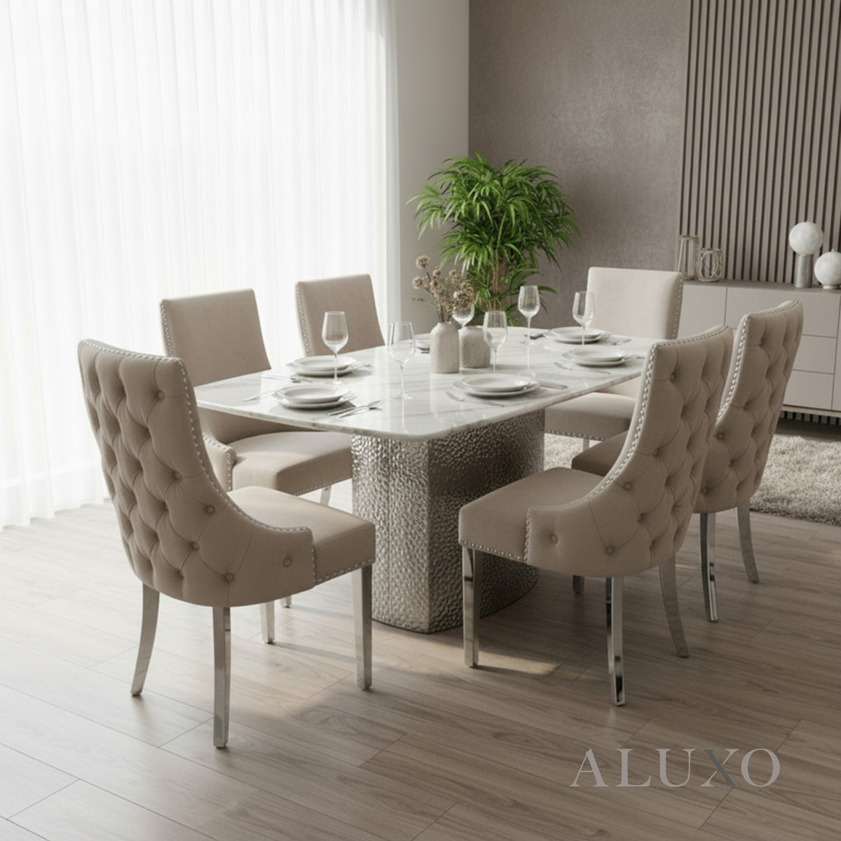 Lucca 1.8m Slimline White Marble Dining Table with 4/6/8 Oskar Beige Velvet Chairs