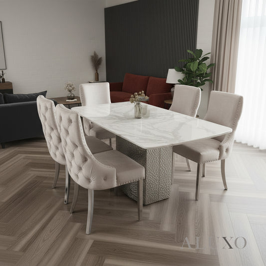 Lucca 1.8m Slimline White Marble Dining Table with 4/6/8 Oskar Beige Velvet Chairs