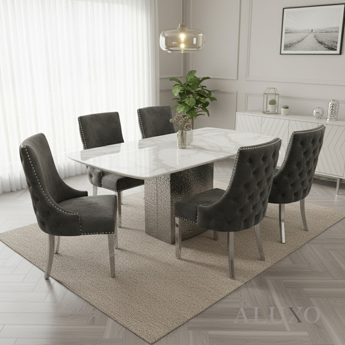 Lucca 1.8m Slimline White Marble Dining Table with 4/6/8 Oskar Dark Grey Velvet Chairs