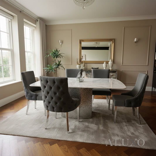 Lucca 1.8m Slimline White Marble Dining Table with 4/6/8 Oskar Dark Grey Velvet Chairs