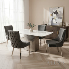 Lucca 1.8m Slimline White Marble Dining Table with 4/6/8 Oskar Dark Grey Velvet Chairs