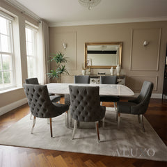 Lucca 1.8m Slimline White Marble Dining Table with 4/6/8 Oskar Dark Grey Velvet Chairs