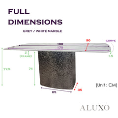 Lucca 160cm | 180cm Grey Marble Dining Table with Hammered Metal Block Base