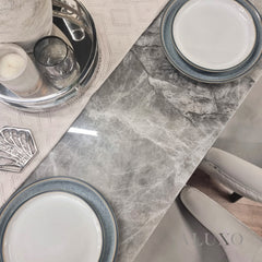 Lucca 160cm | 180cm Grey Marble Dining Table with Hammered Metal Block Base