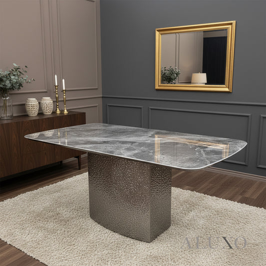 Lucca 160cm | 180cm White / Grey Marble Dining Table with Hammered Metal Block Base