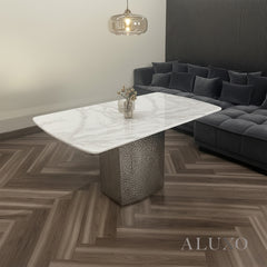 Lucca 160cm | 180cm White Marble Dining Table with Hammered Metal Block Base