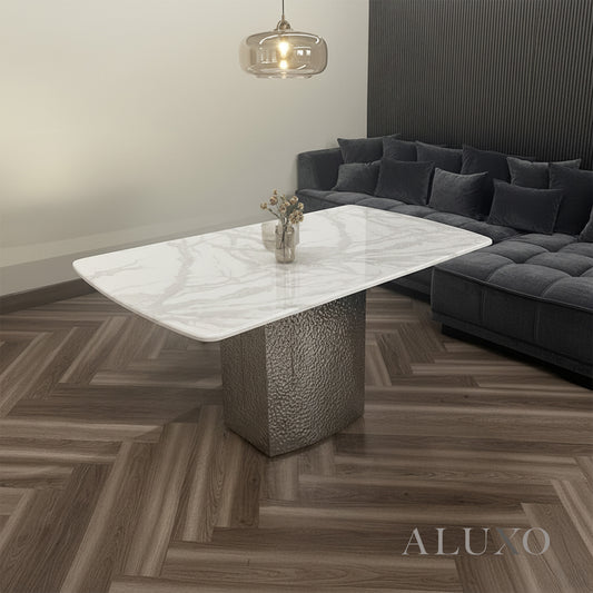 Lucca 160cm | 180cm White / Grey Marble Dining Table with Hammered Metal Block Base