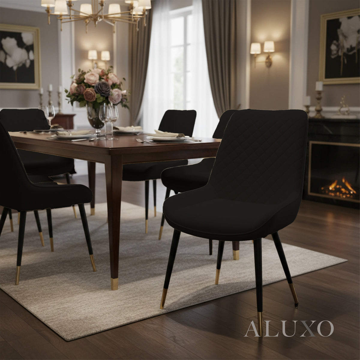 Lyder Plush Velvet Dining Chair | Cross Stitch Back, Scandinavian Black Metal Legs | Navy Blue / Emerald Green / Black