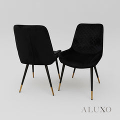 Lyder Plush Velvet Dining Chair | Cross Stitch Back, Scandinavian Black Metal Legs | Navy Blue / Emerald Green / Black