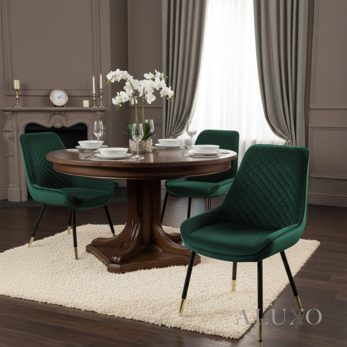 Lyder Plush Velvet Dining Chair | Cross Stitch Back, Scandinavian Black Metal Legs | Navy Blue / Emerald Green / Black