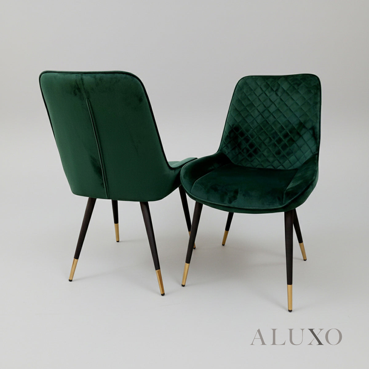 Lyder Plush Velvet Dining Chair | Cross Stitch Back, Scandinavian Black Metal Legs | Emerald Green / Black