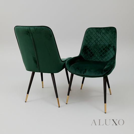 Lyder Plush Velvet Dining Chair | Cross Stitch Back, Scandinavian Black Metal Legs | Emerald Green / Black