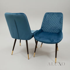 Lyder Plush Velvet Dining Chair | Cross Stitch Back, Scandinavian Black Metal Legs | Navy Blue / Emerald Green / Black